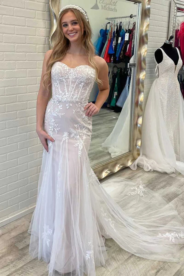 Vestido de novia largo de sirena sin tirantes con apliques